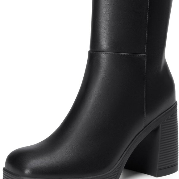 Women's Black Faux Leather Ankle Boots with Square Toe, Chunky 3.54-inch Heel, S - Picture 1 of 8